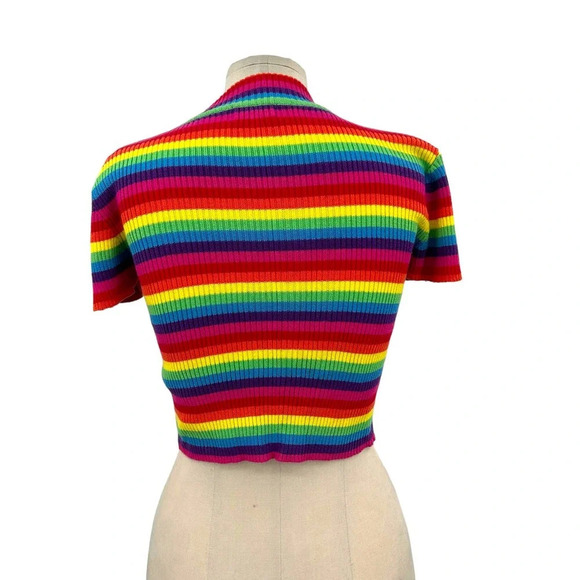 Unif UNIF Lenny Crop Top Short Sleeve Top Rainbow Stripe Turtleneck Size Small - Picture 5 of 8
